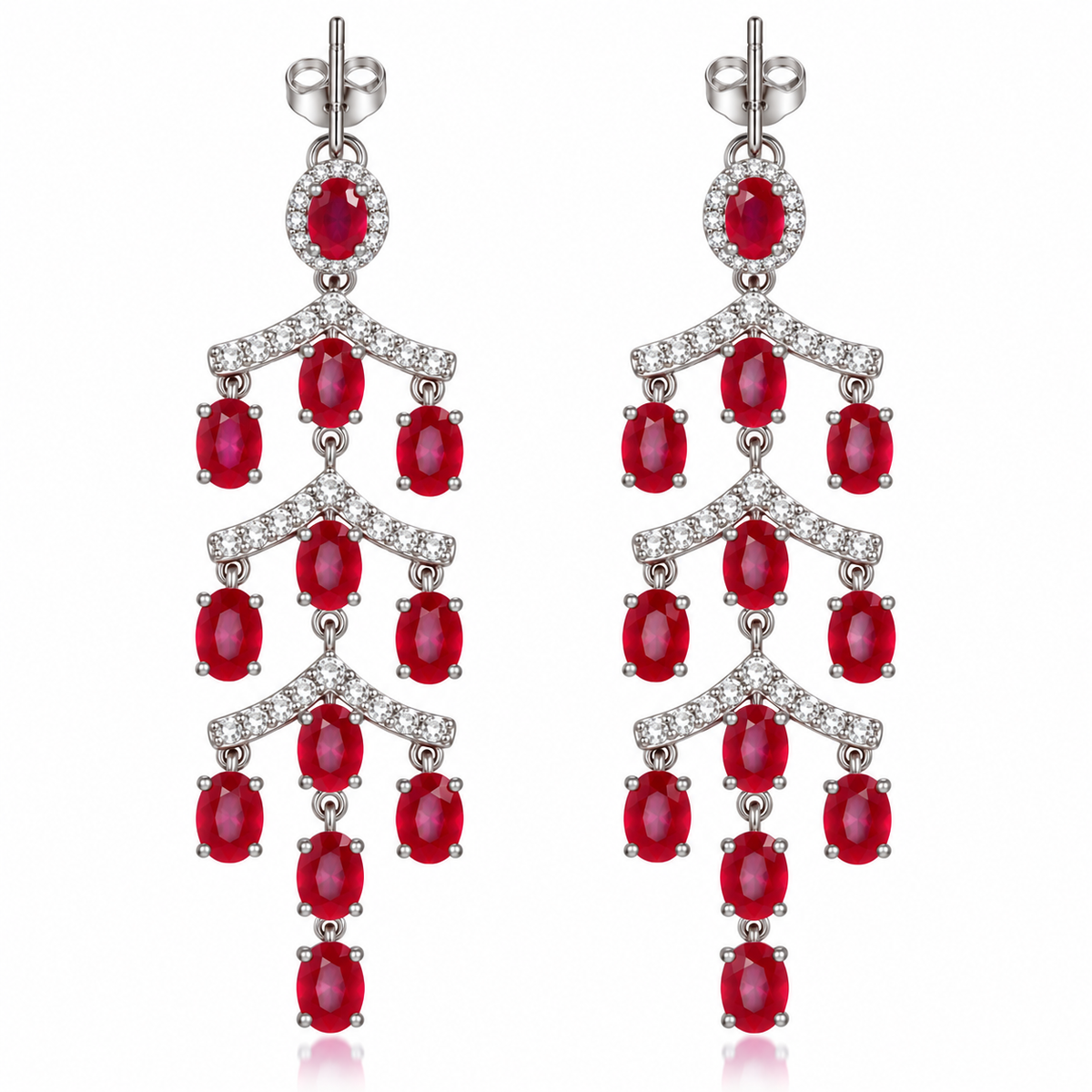 Phimsera natural ruby chandelier earrings with 3x4mm gemstones over a white background.