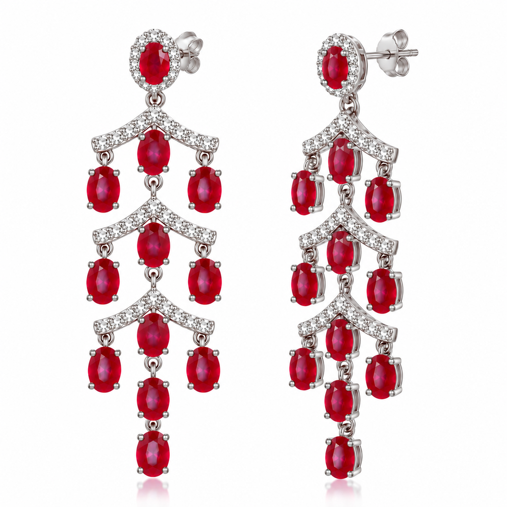 Phimsera natural ruby chandelier earrings shown from a 45-degree angle, featuring cascading oval ruby gemstones and sparkling cubic zirconia details.