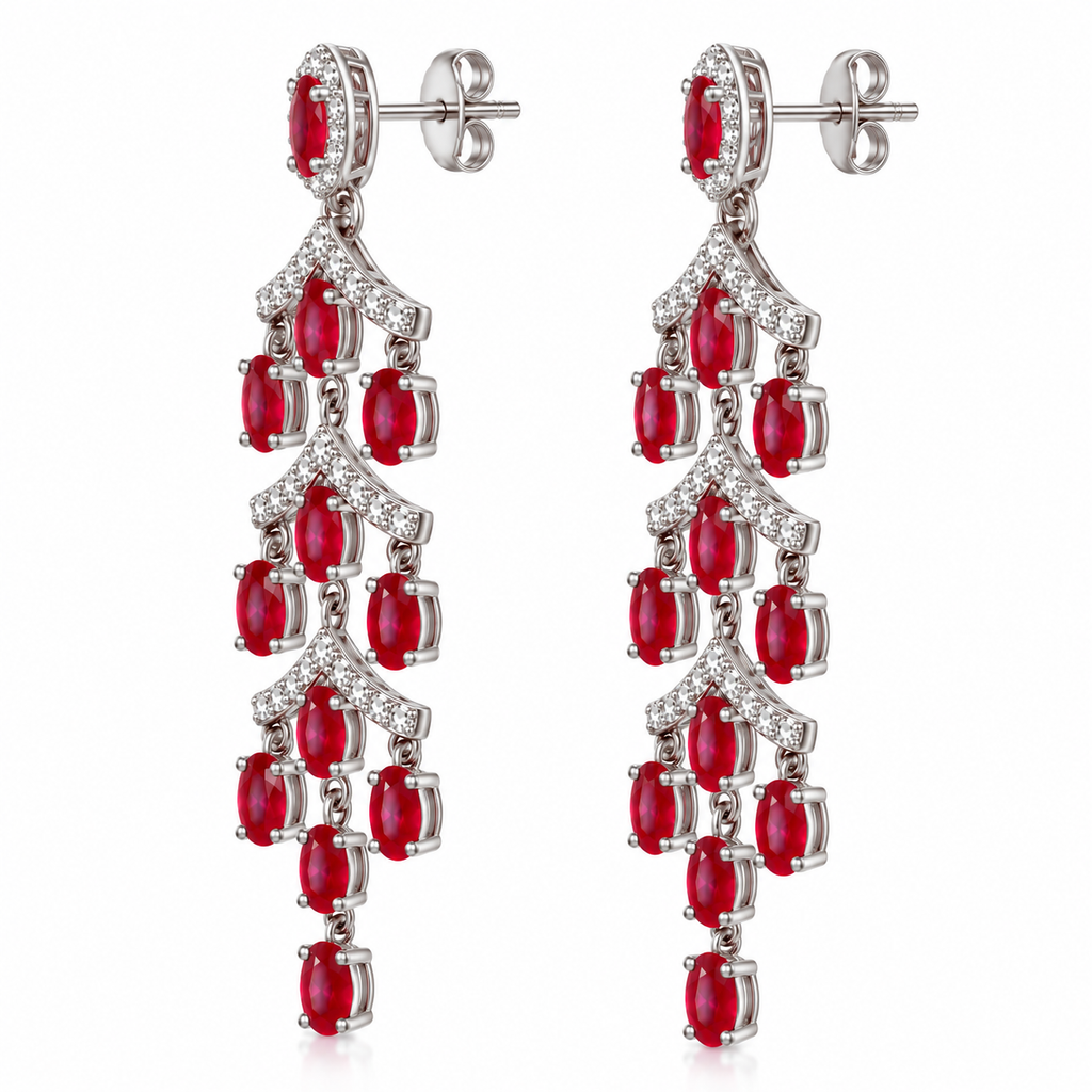 Side profile of Phimsera ruby chandelier earrings showing the layered drop construction, oval ruby gemstones, and cubic zirconia accents.
