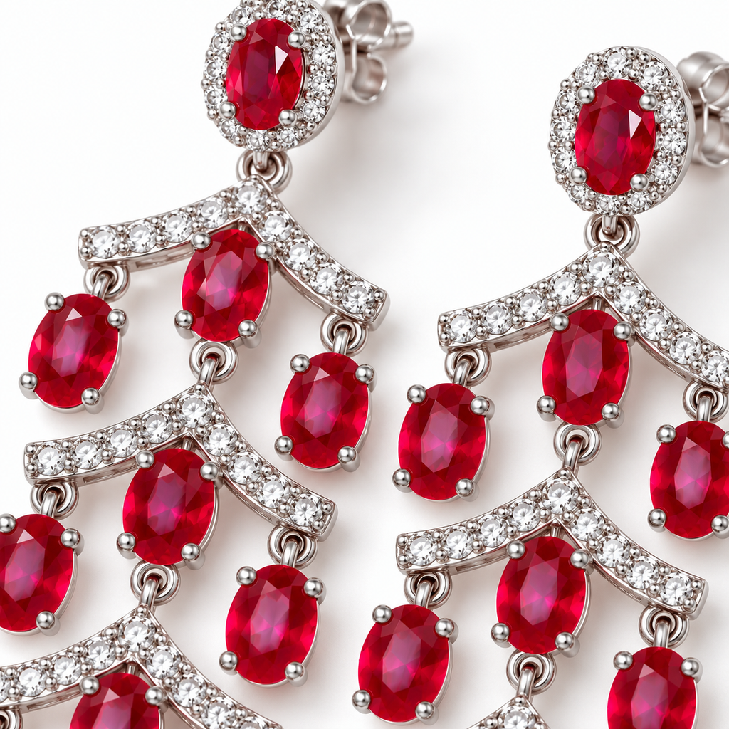 Macro view of the natural red ruby gemstones and cubic zirconia accents on Phimsera chandelier earrings, highlighting the faceted oval gemstone surfaces.