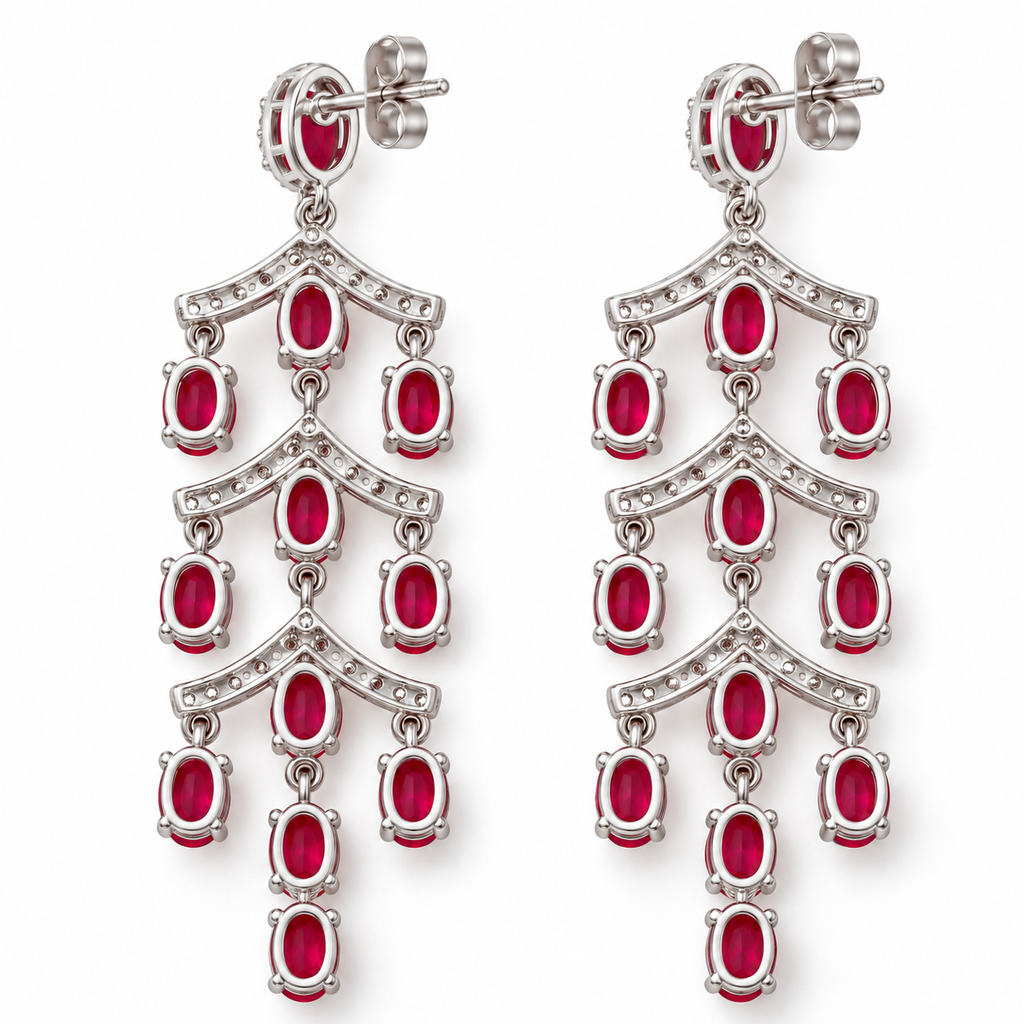Underside and gallery view of natural ruby chandelier earrings showing the gemstone settings, connecting components, and cascading earring structure.
