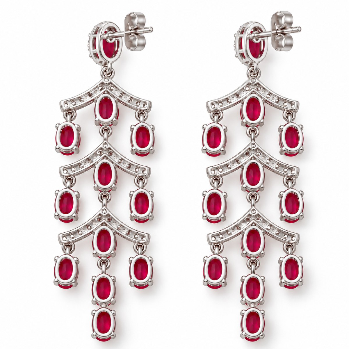 Underside and gallery view of natural ruby chandelier earrings showing the gemstone settings, connecting components, and cascading earring structure.
