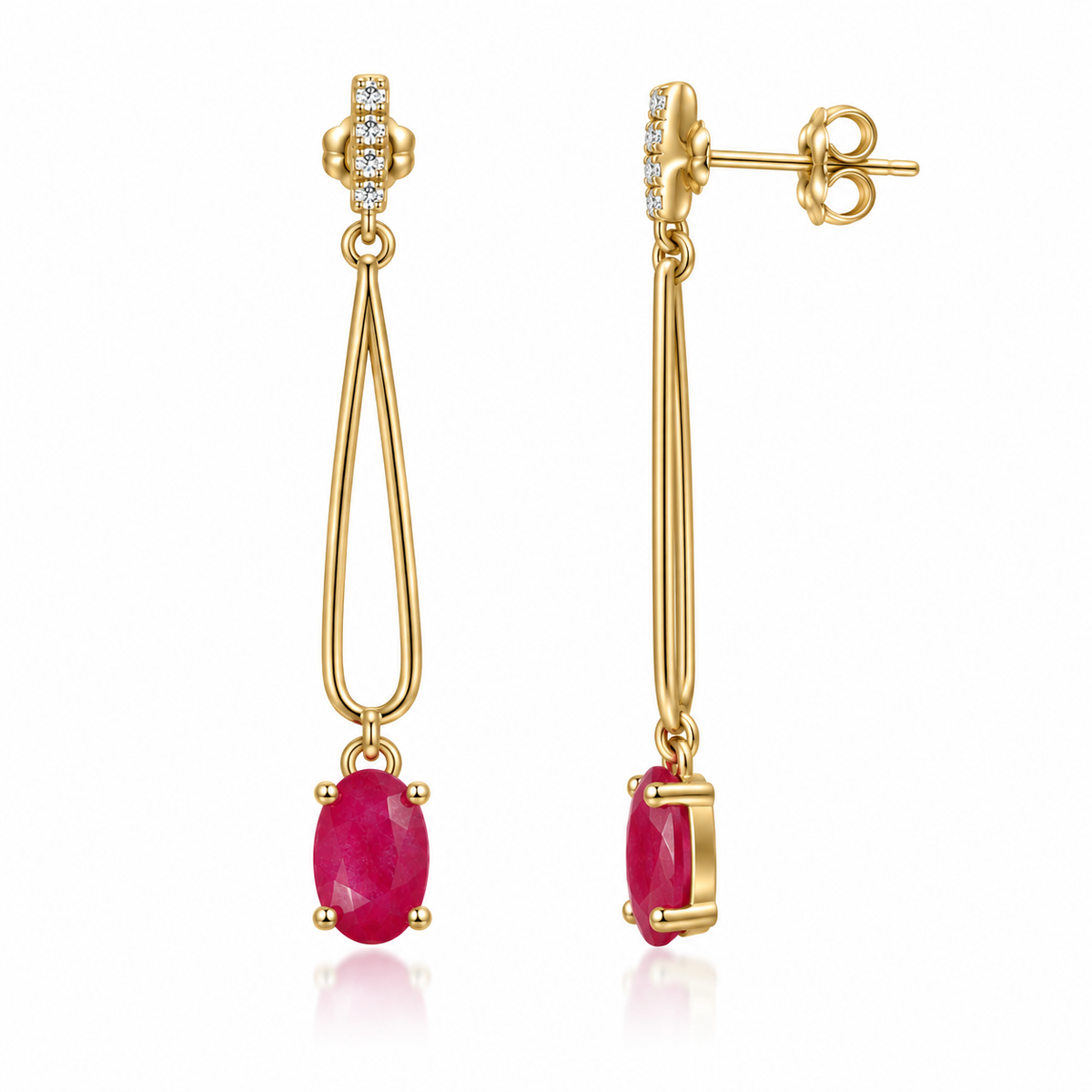 Side profile of Phimsera natural ruby drop earrings displaying the elongated polished loop design and the setting holding each 4 × 6 mm oval ruby gemstone.