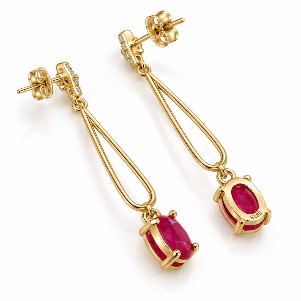 Gallery view of Phimsera natural ruby drop earrings showing the gemstone settings, connecting loops, and detailed upper earring components.