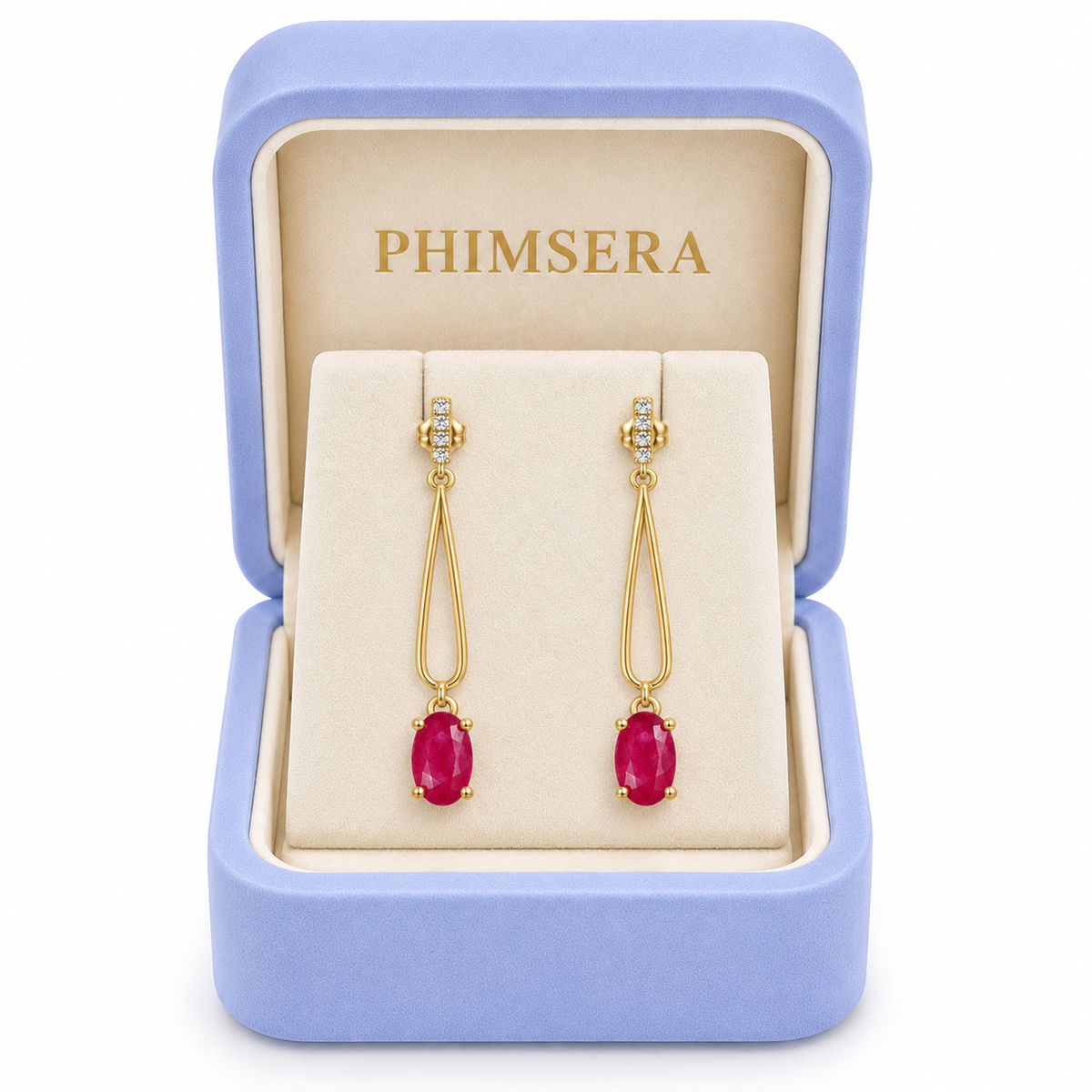 Phimsera jewelry gift box prepared for natural ruby drop earrings.