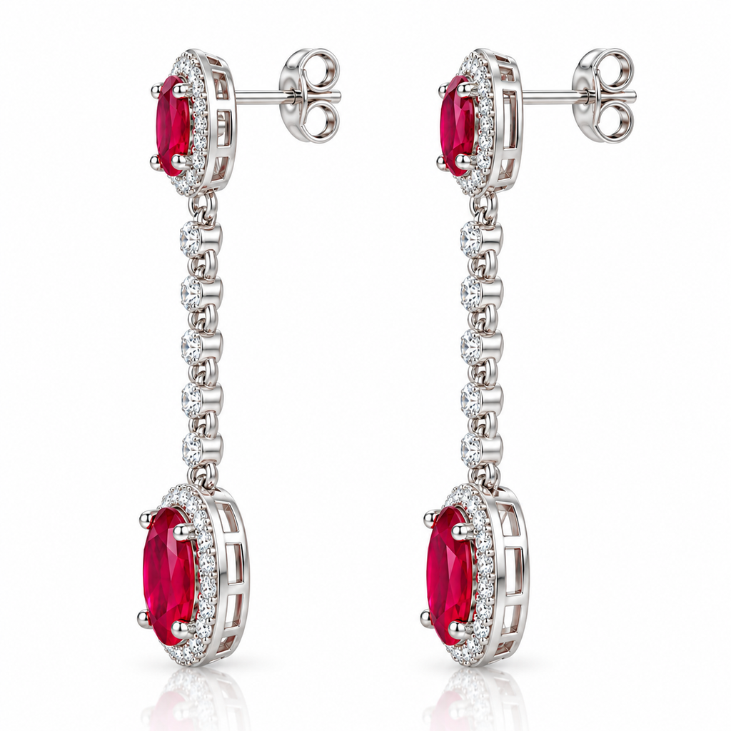 Side profile of Phimsera ruby drop earrings showing the elongated earring design and gemstone setting details
