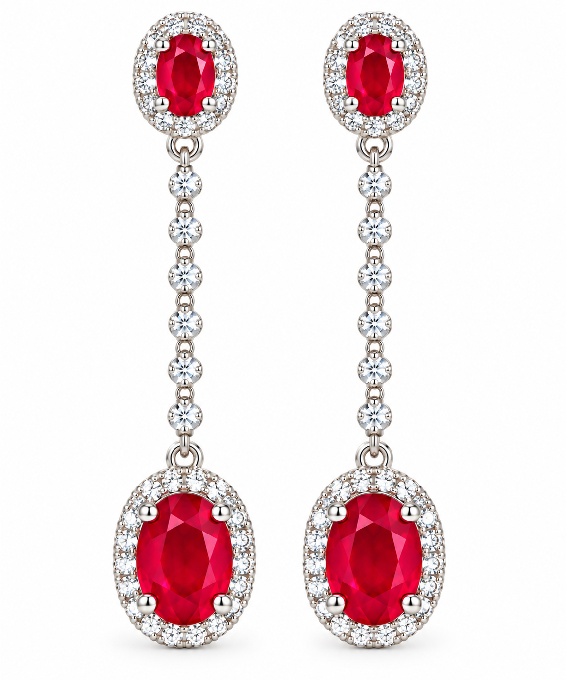 Macro view of the vivid red oval ruby gemstones and clear accent stones on Phimsera drop earrings