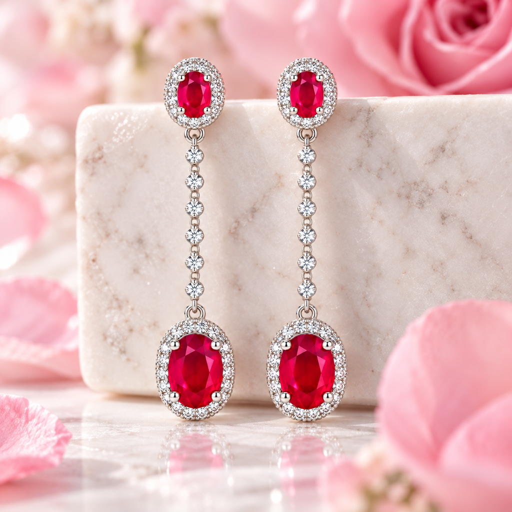 Phimsera natural ruby drop earrings styled in an elegant jewelry lifestyle setting with soft pink petals, marble, and warm gold undertones