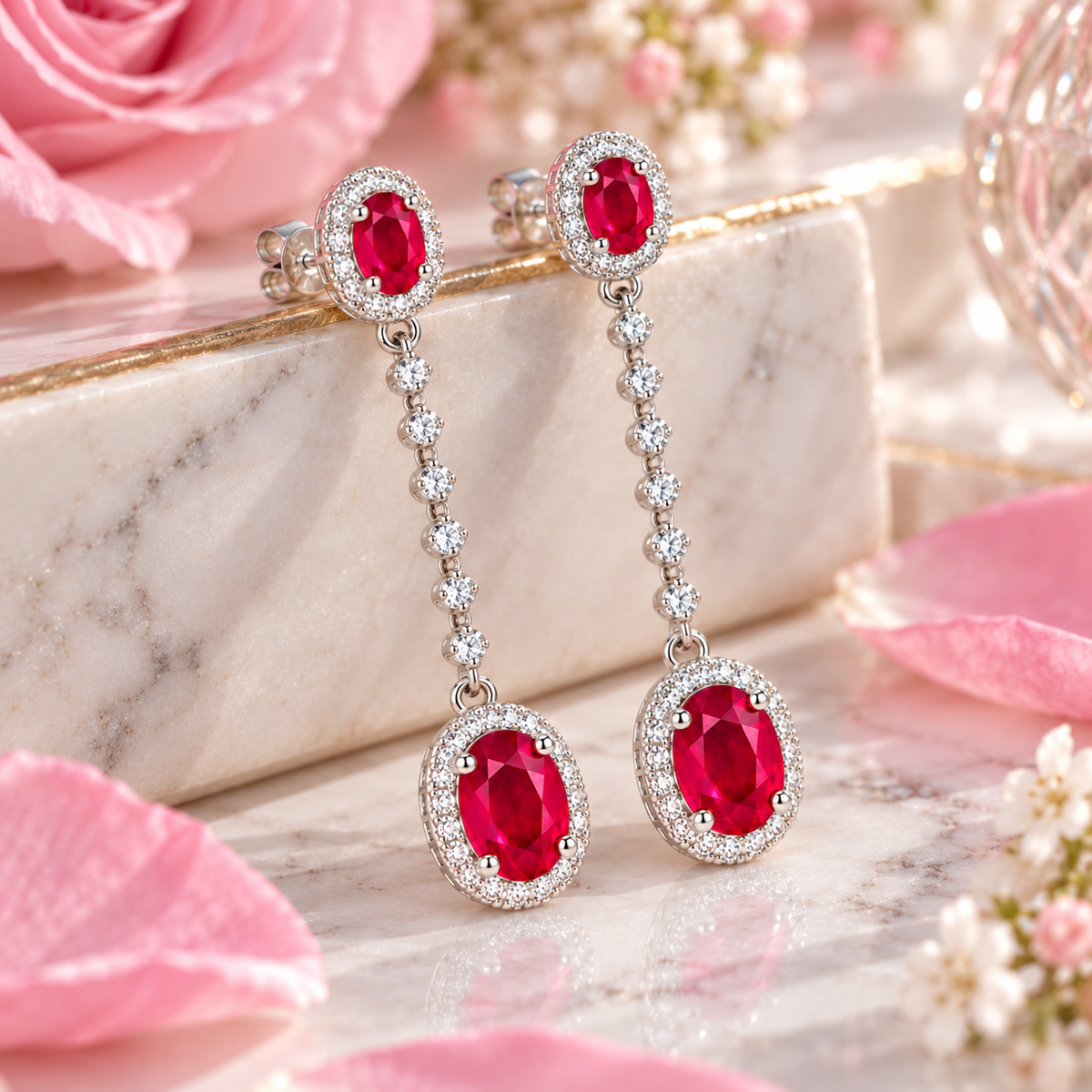 Phimsera natural ruby drop earrings styled in an elegant jewelry lifestyle setting with soft pink petals, marble, and warm gold undertones