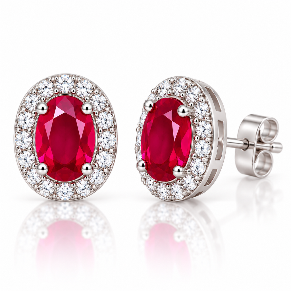 Close-up view of Phimsera natural ruby oval halo stud earrings with faceted red 4×6mm centerstones and sparkling clear accent stones.