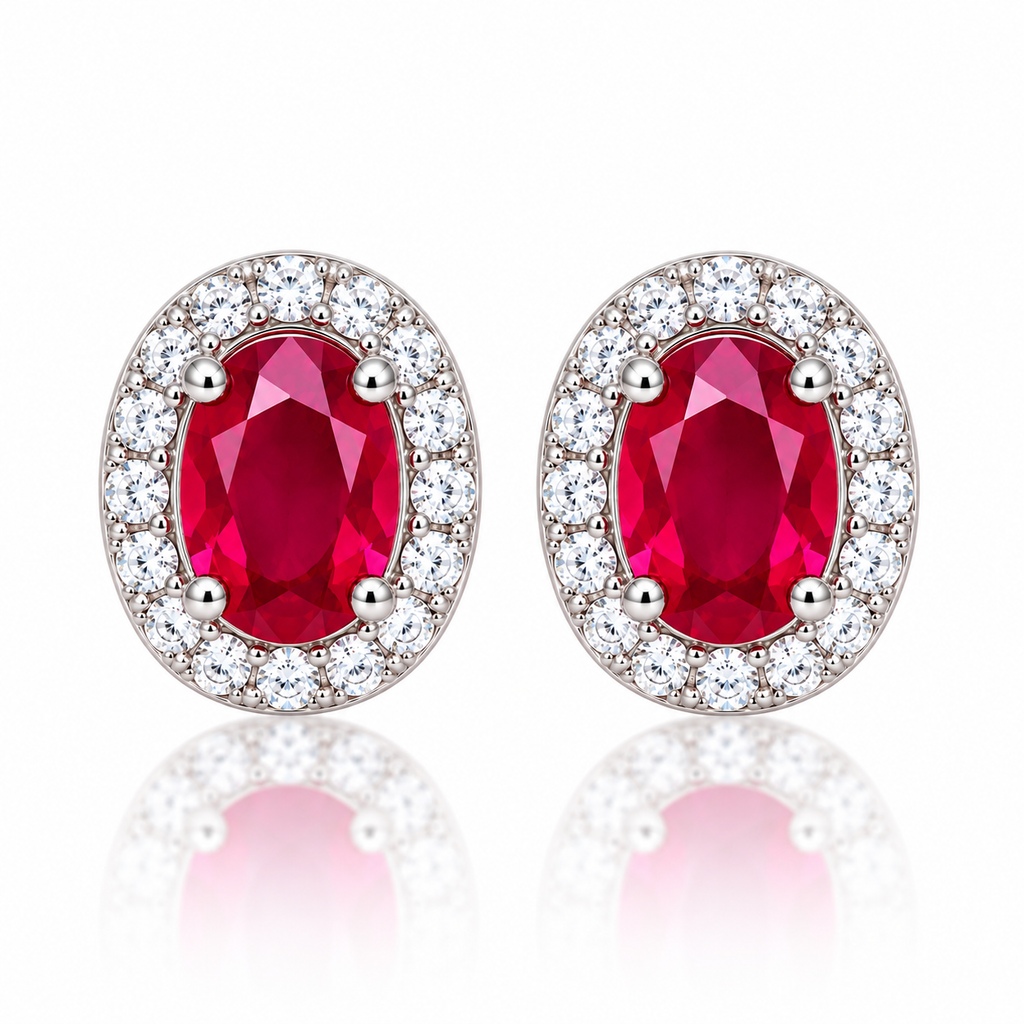 Top-down view of matching natural ruby halo stud earrings with oval 4×6mm ruby gemstones in a silver-tone setting.