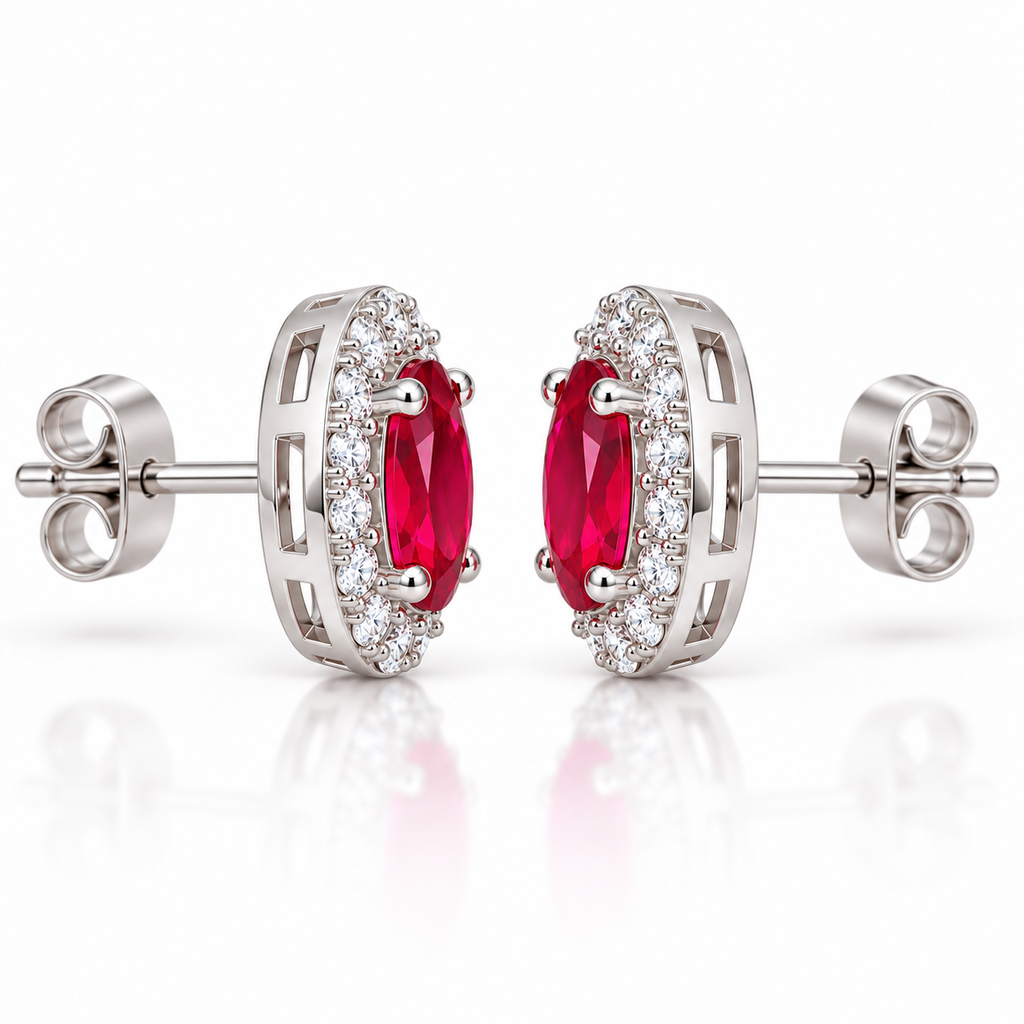 Side-angle view of Phimsera ruby oval halo stud earrings showing the gemstone settings and layered halo design.