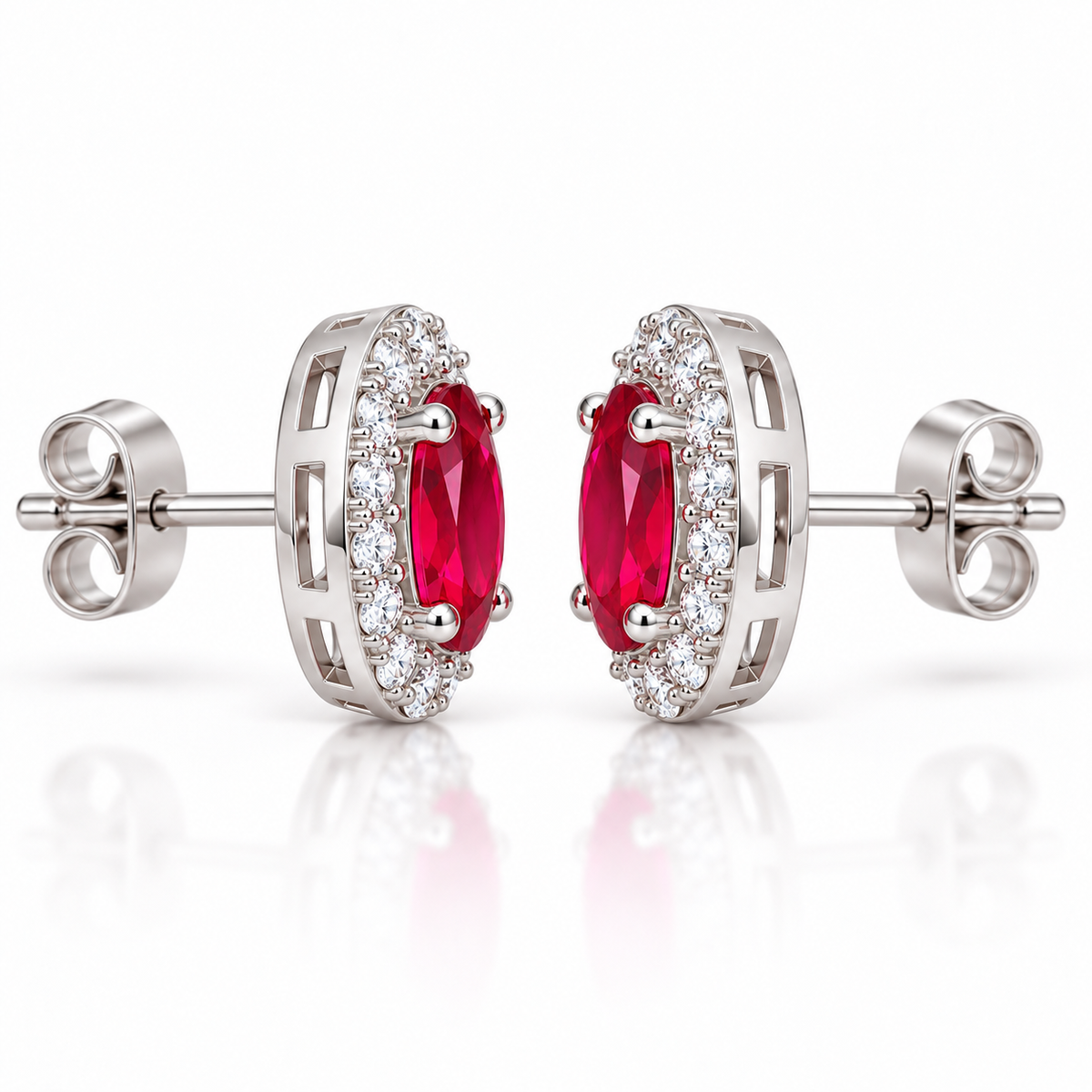 Side-angle view of Phimsera ruby oval halo stud earrings showing the gemstone settings and layered halo design.