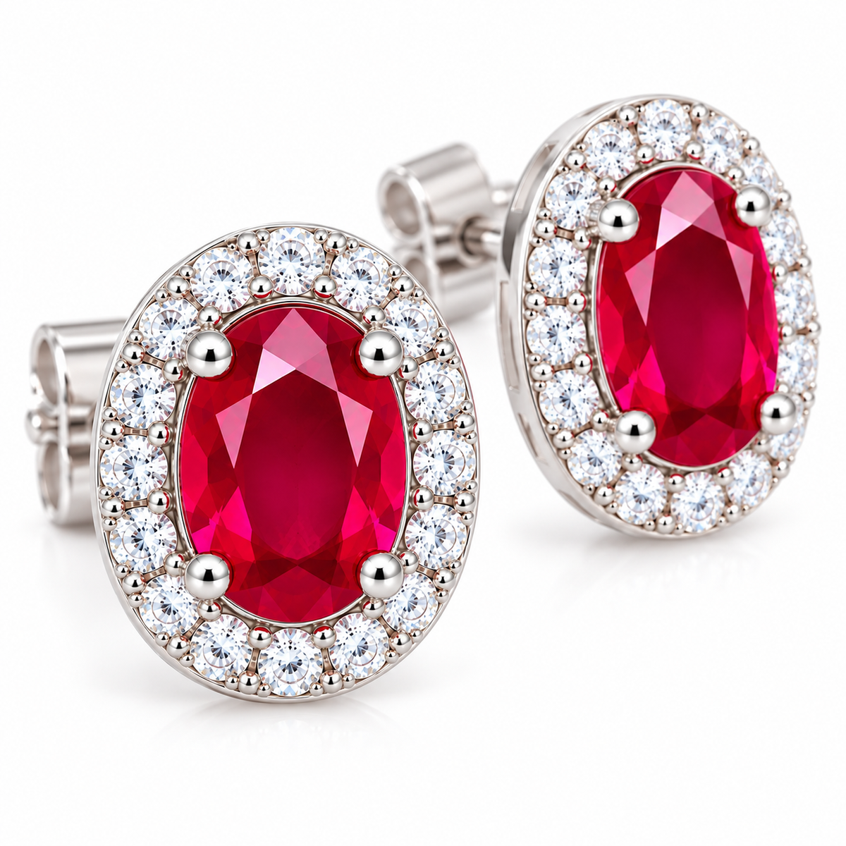 Macro detail of a 4×6mm oval ruby centerstone surrounded by clear accent stones in an elegant halo stud earring.