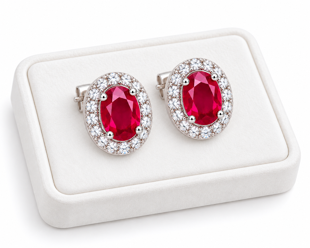 Natural ruby oval halo stud earrings displayed on a white velvet jewelry tray against a clean white background.