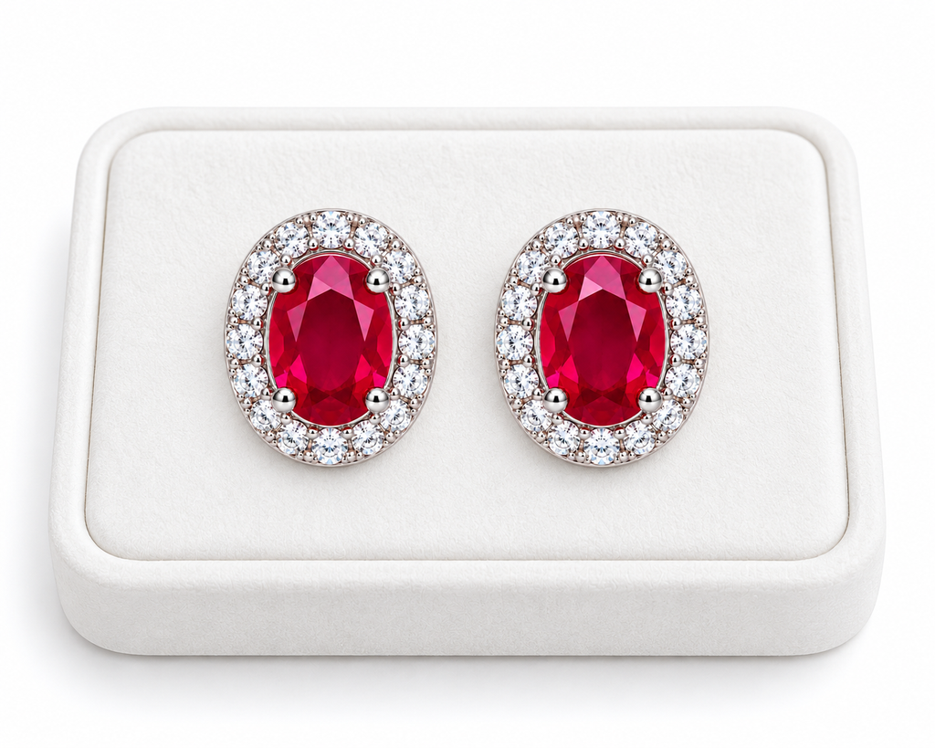 Natural ruby oval halo stud earrings displayed on a white velvet jewelry tray against a clean white background.