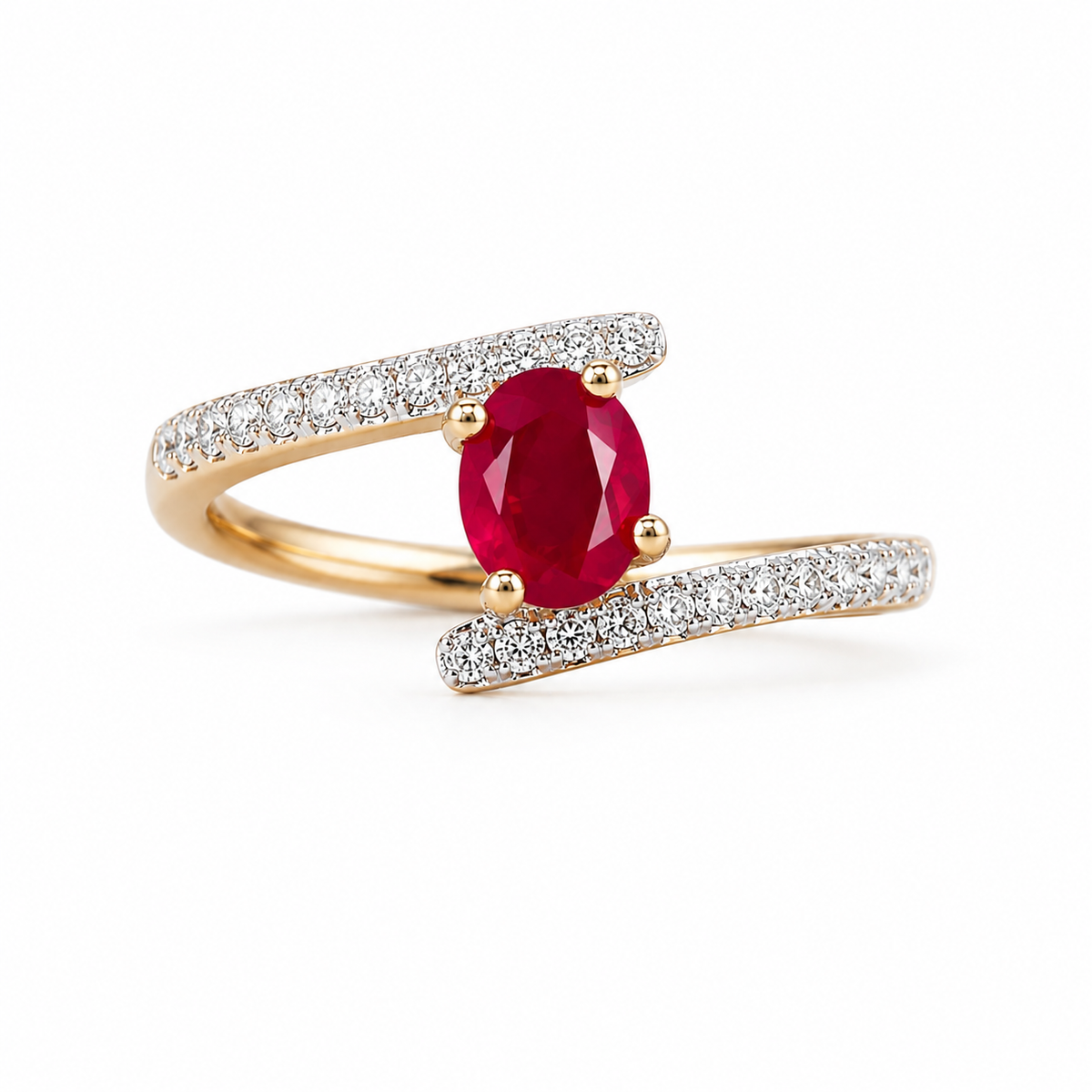 4x5mm oval ruby ring in 925 sterling silver with pavé accent bands on white background