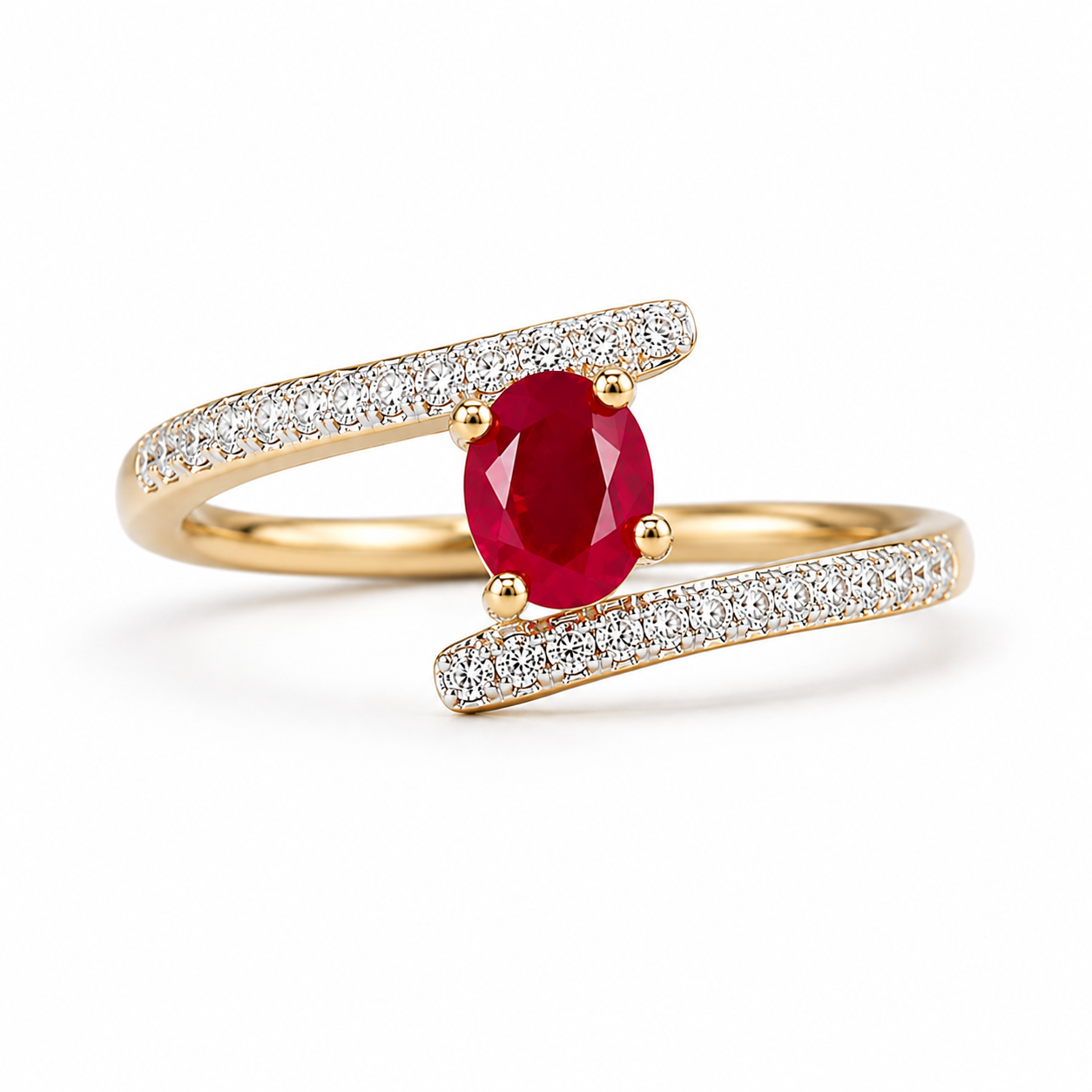 Close-up of 4x5mm oval red ruby ring with detailed gemstone setting