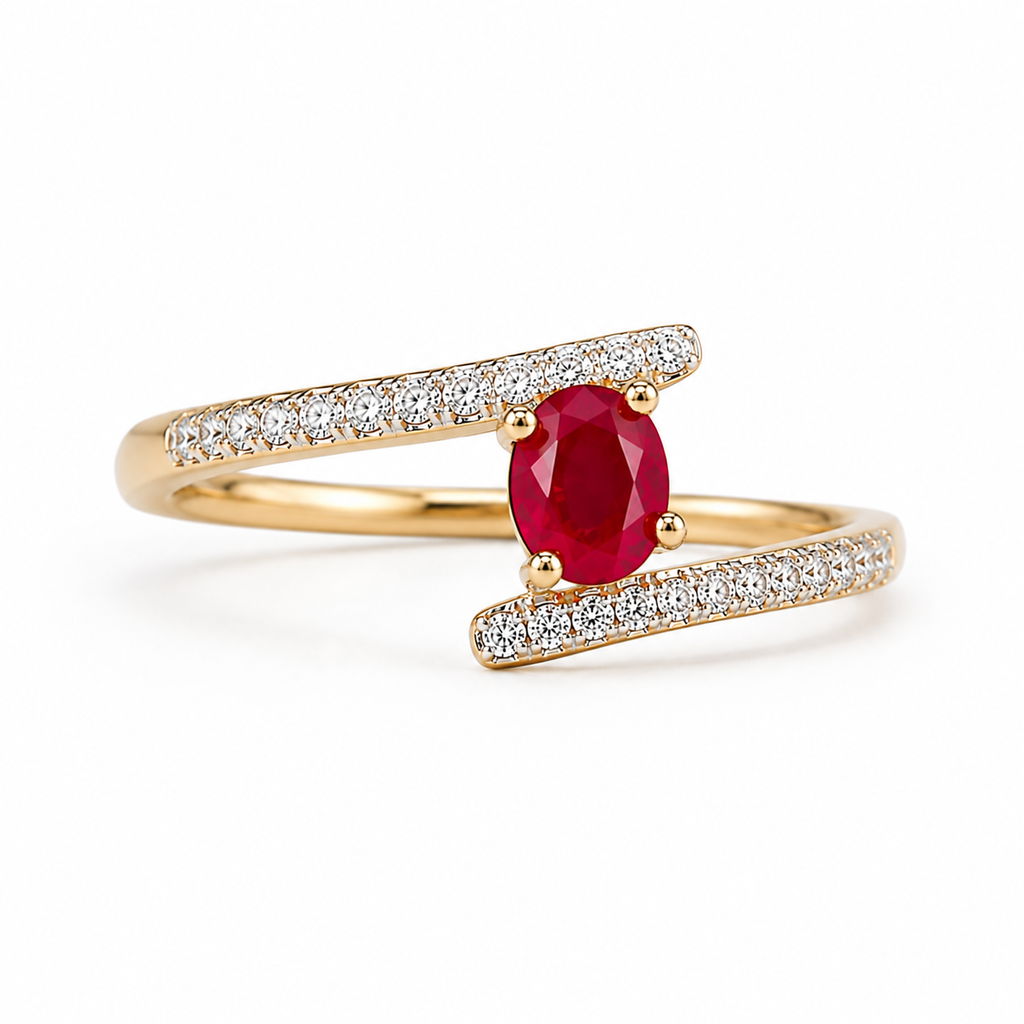 Side angle view of 4x5mm ruby ring with pavé accent bands and sterling silver setting