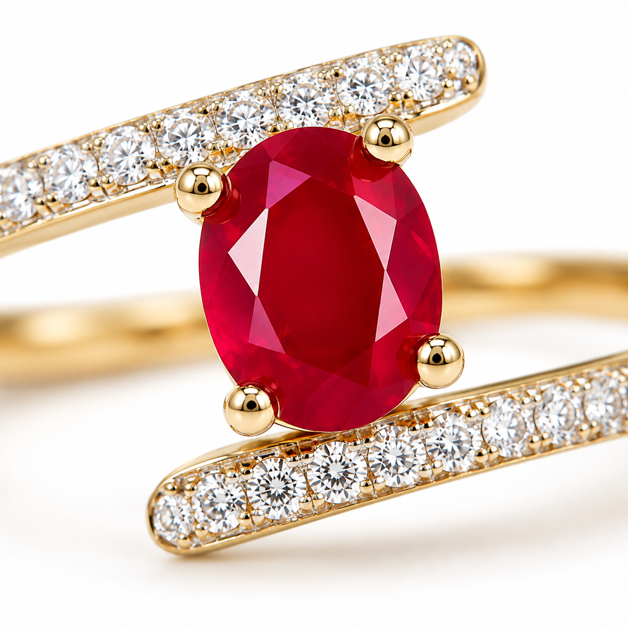Macro view of 4x5mm oval ruby gemstone ring showing faceted red ruby and prong setting