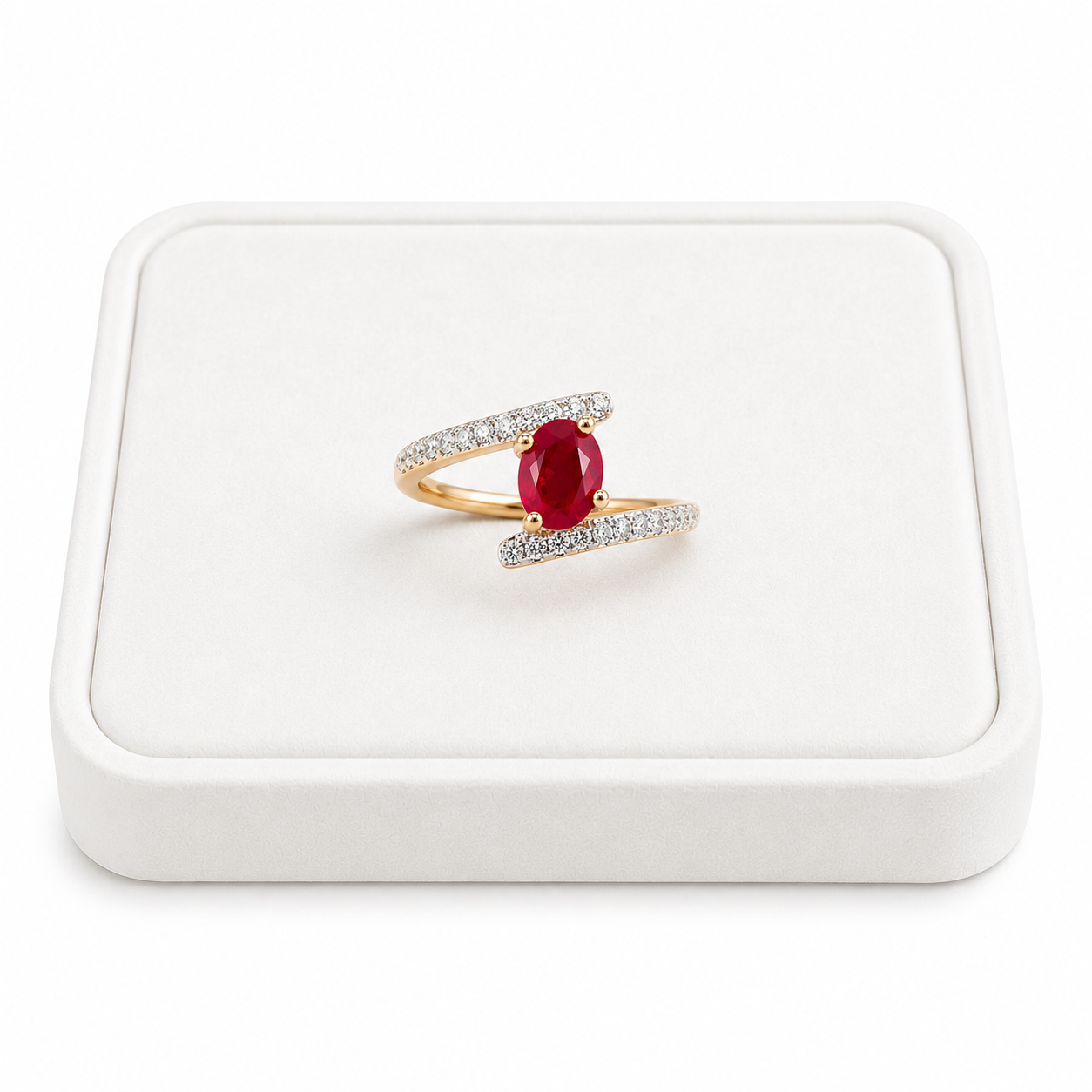 4x5mm oval ruby ring displayed on a white velvet jewelry tray