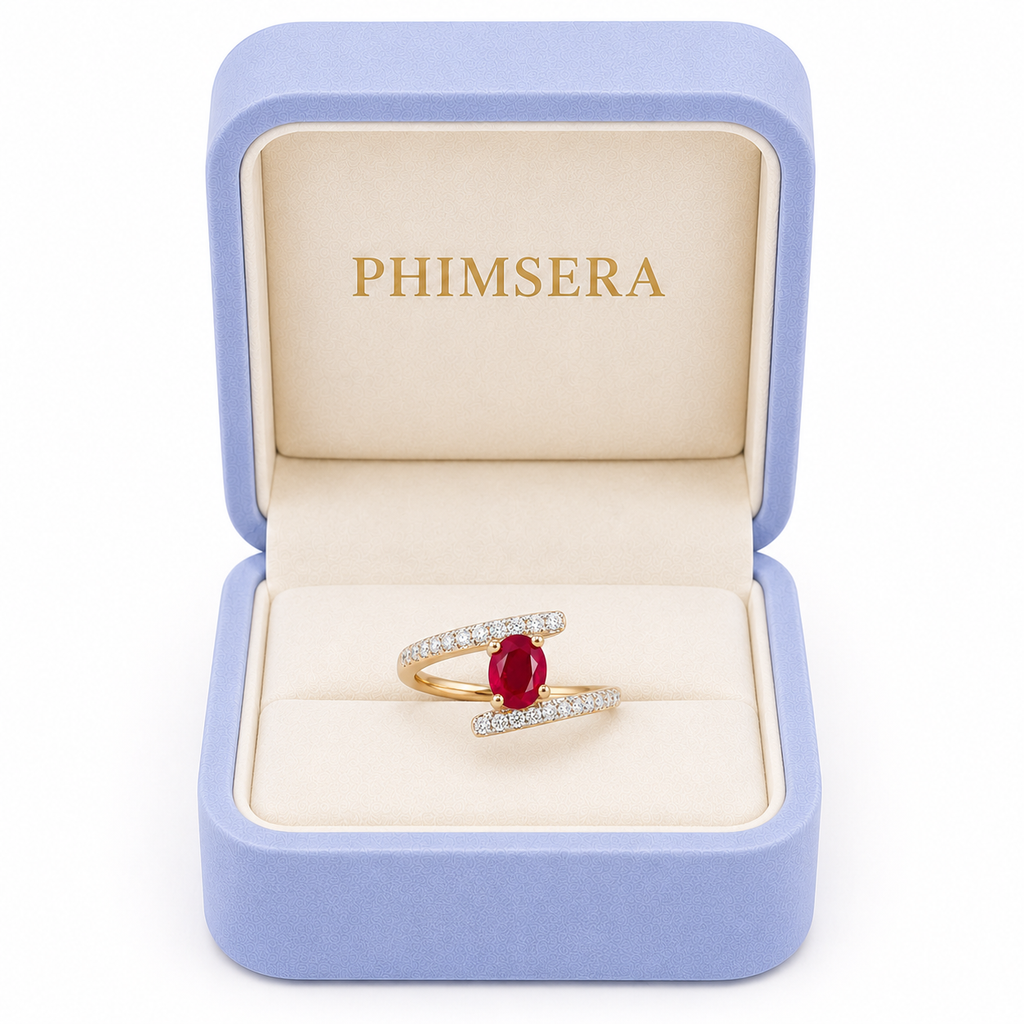 4x5mm ruby gemstone ring presented in a Phimsera jewelry box