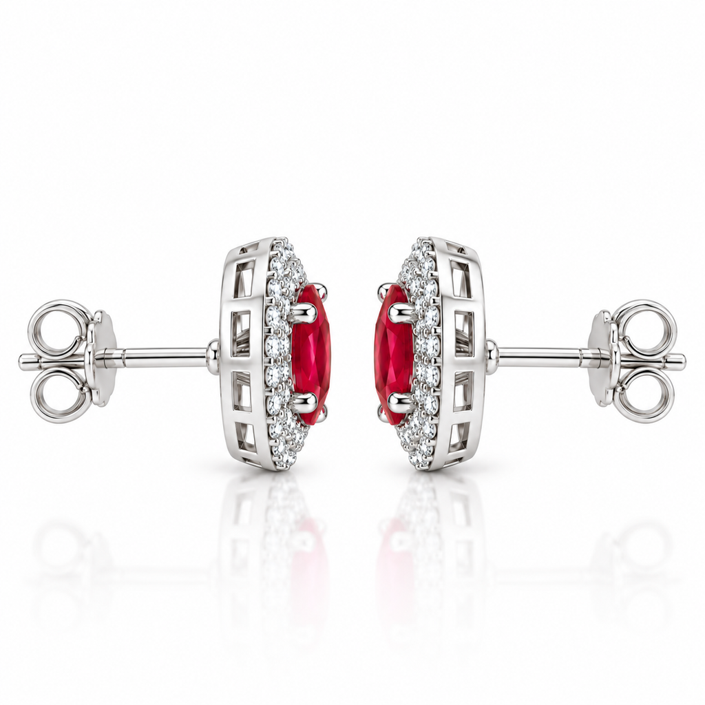 Side profile of Phimsera oval ruby stud earrings, showing the gemstone setting and surrounding cubic zirconia halo details.