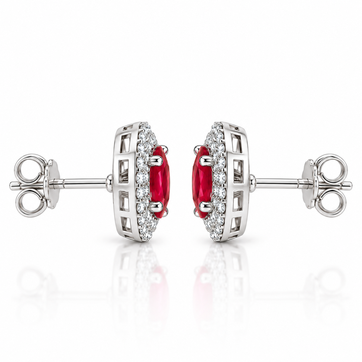 Side profile of Phimsera oval ruby stud earrings, showing the gemstone setting and surrounding cubic zirconia halo details.