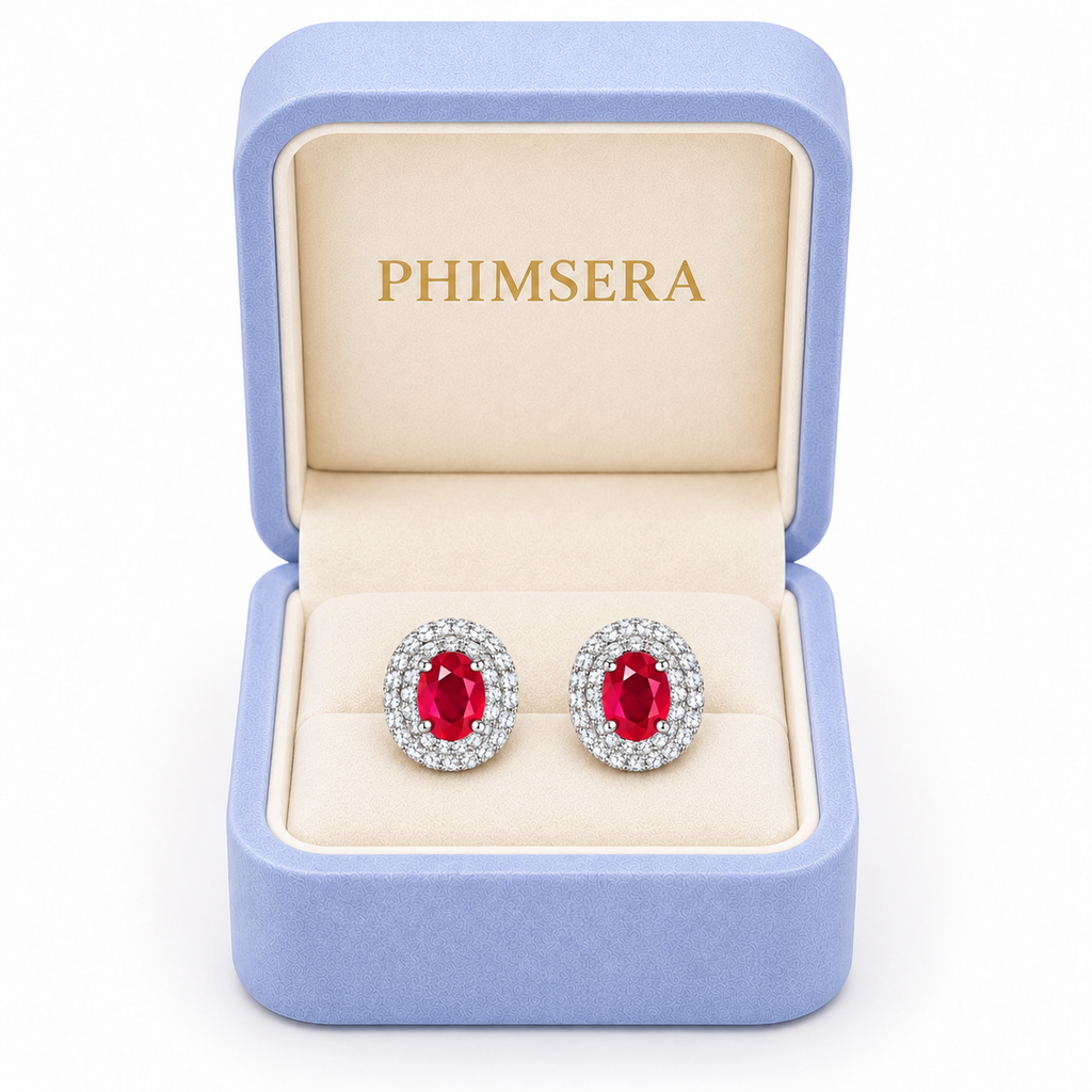 Phimsera ruby earrings presented in a branded jewelry gift box, prepared for elegant gifting.