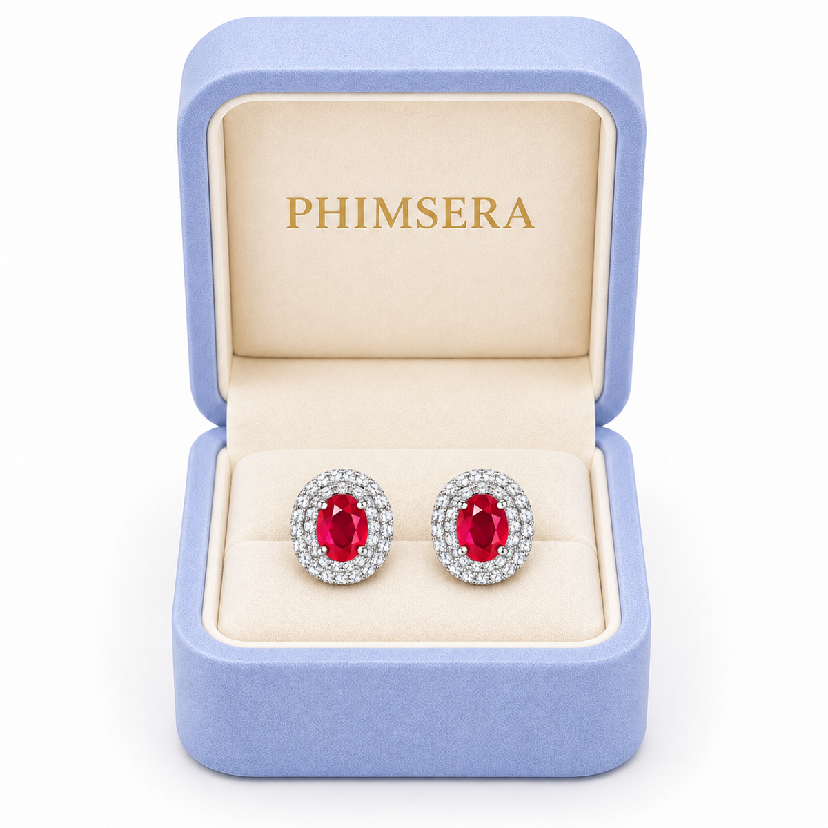 Phimsera ruby earrings presented in a branded jewelry gift box, prepared for elegant gifting.