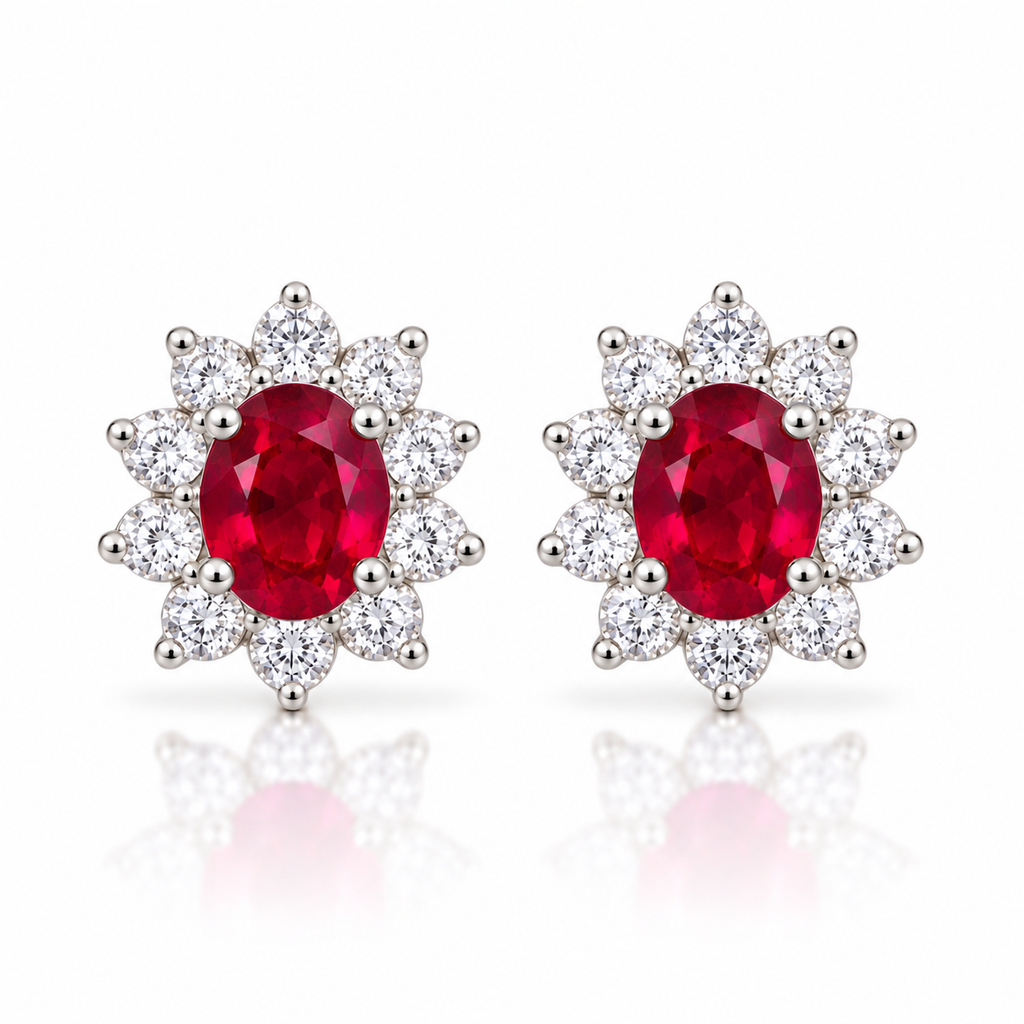 Natural ruby stud earrings with 4 × 5 mm oval red ruby gemstones and floral-inspired clear accent stone halos in 925 sterling silver by Phimsera.