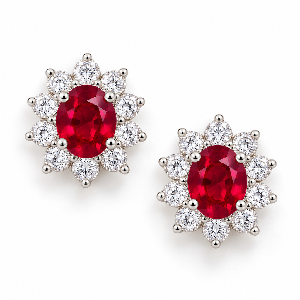 Top-down view of Phimsera ruby stud earrings with vivid red 4 × 5 mm oval center gemstones and surrounding clear accent stones.