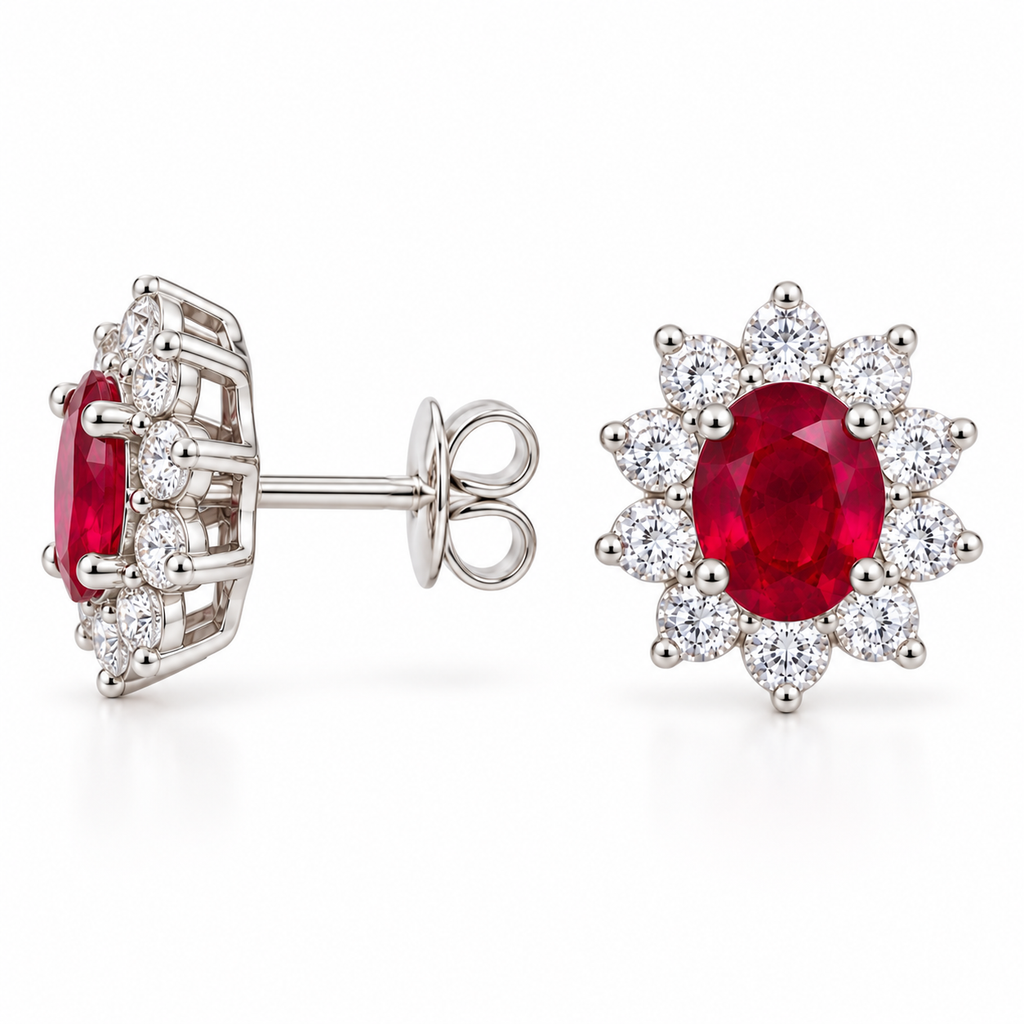 Side profile of natural ruby stud earrings in 925 sterling silver, showing the floral-inspired halo setting and 4 × 5 mm ruby gemstones.