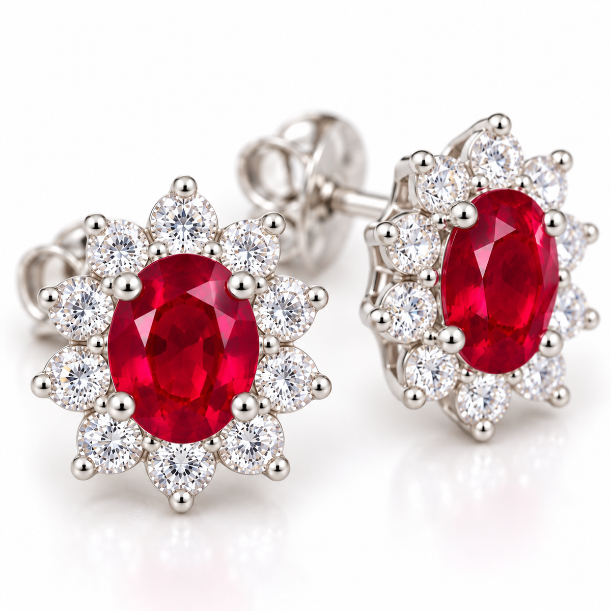 Macro view of the vivid red ruby center gemstones and clear accent stones on Phimsera floral-inspired stud earrings.