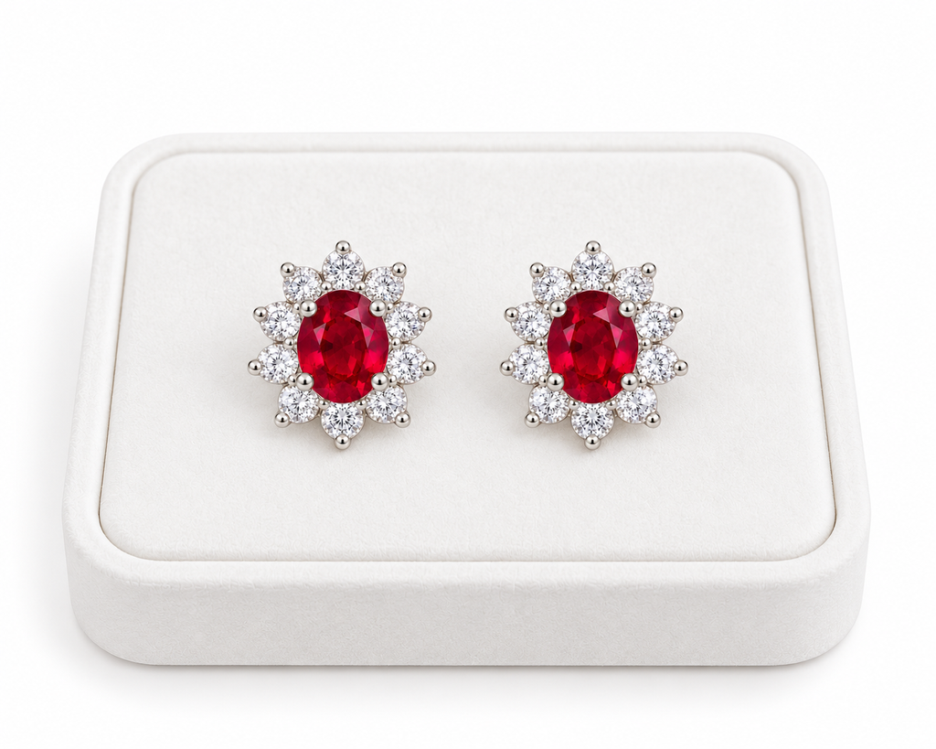 Natural ruby stud earrings with 4 × 5 mm oval red ruby gemstones and floral-inspired clear accent stone halos in 925 sterling silver by Phimsera.