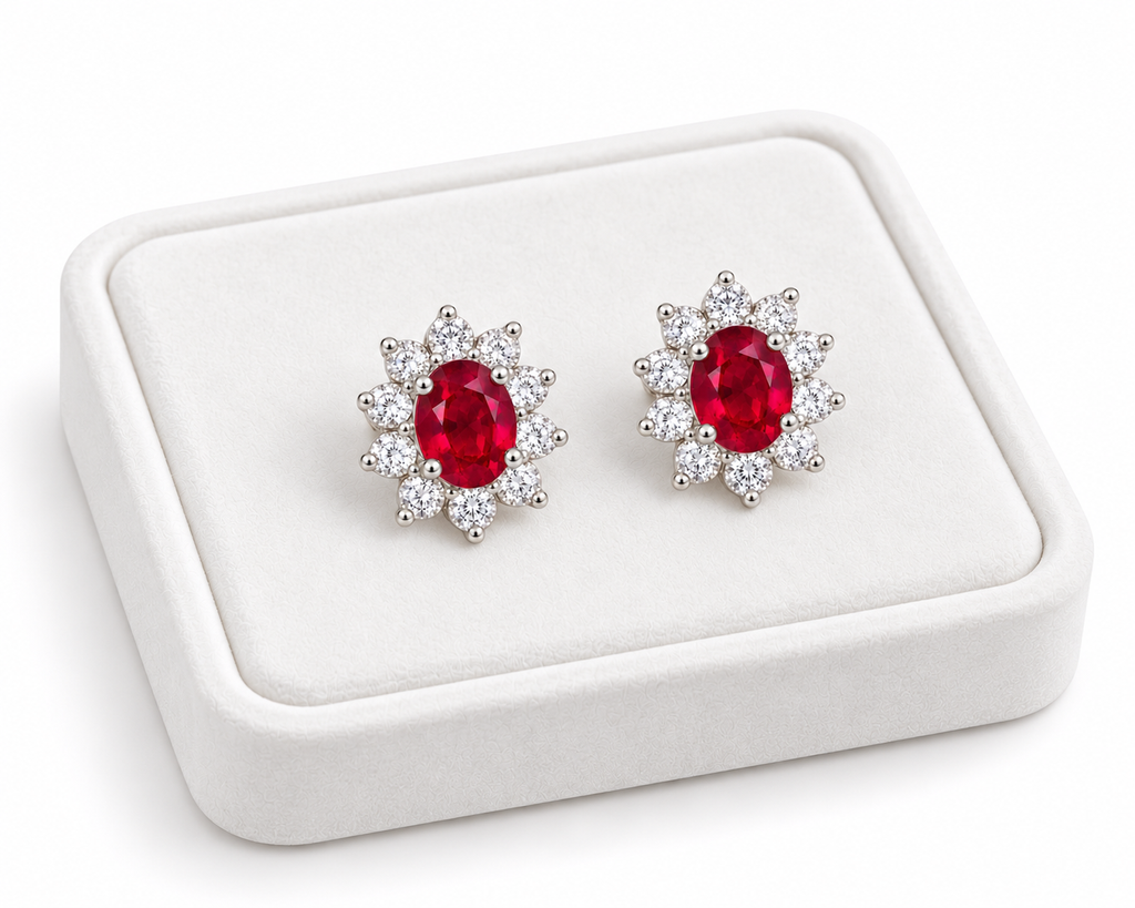 Natural ruby stud earrings with 4 × 5 mm oval red ruby gemstones and floral-inspired clear accent stone halos in 925 sterling silver by Phimsera.