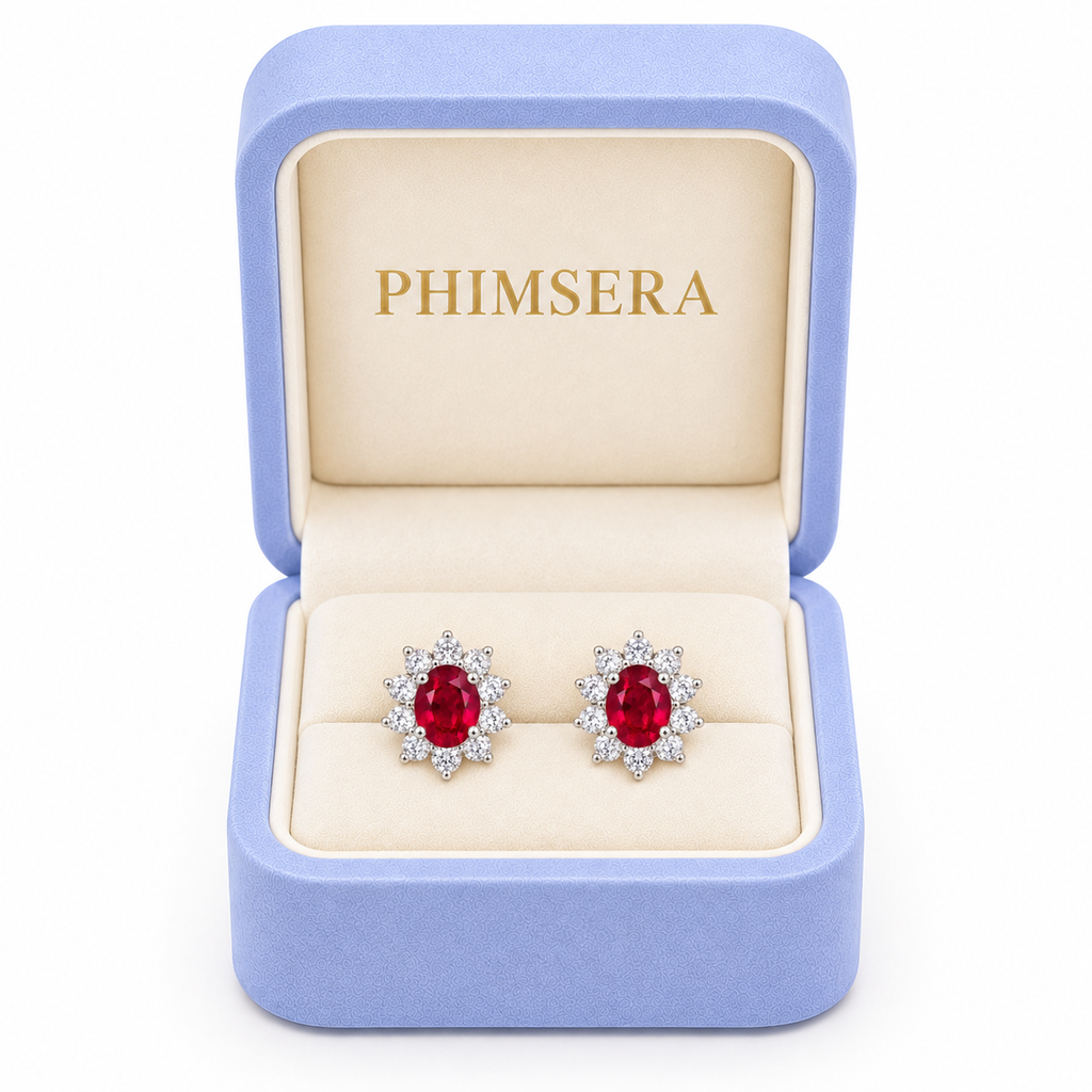 Natural ruby stud earrings with 4 × 5 mm oval red ruby gemstones and floral-inspired clear accent stone halos in 925 sterling silver by Phimsera.