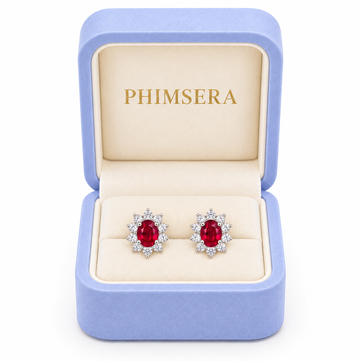 Natural ruby stud earrings with 4 × 5 mm oval red ruby gemstones and floral-inspired clear accent stone halos in 925 sterling silver by Phimsera.