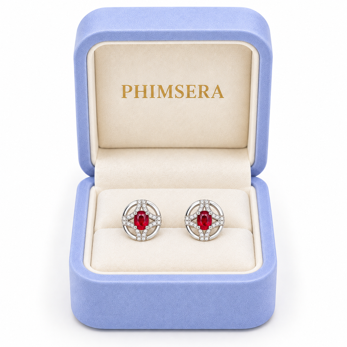 Phimsera natural ruby stud earrings presented in the branded jewelry box with elegant packaging and a clean white background.