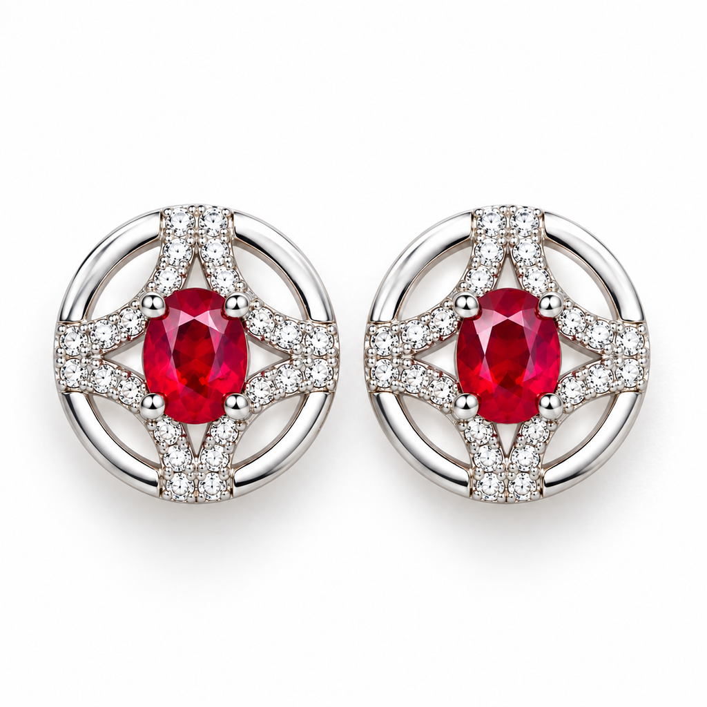 Top-down view of matching natural ruby stud earrings with 3 × 4mm oval red gemstones and detailed openwork settings.