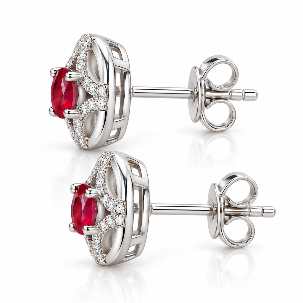 Side profile of Phimsera natural ruby stud earrings showing the setting depth, circular openwork design, and 3 × 4mm oval ruby gemstones.
