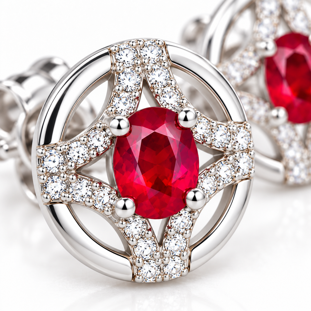 Macro photograph of a 3 × 4mm oval ruby gemstone in an openwork stud earring setting, highlighting the red faceting, prongs, metalwork, and clear accent stones.