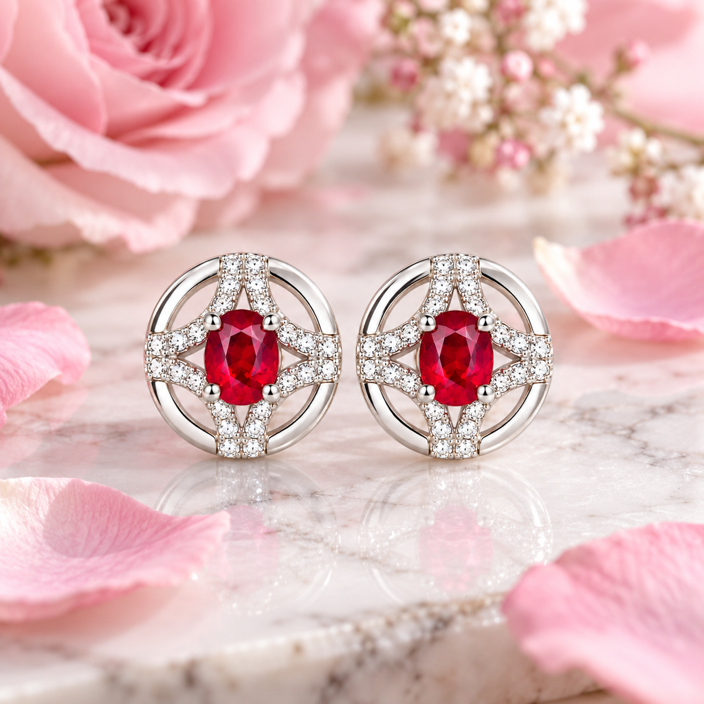Phimsera natural ruby stud earrings styled in an elegant jewelry lifestyle setting with soft decorative details, marble texture, and warm undertones.
