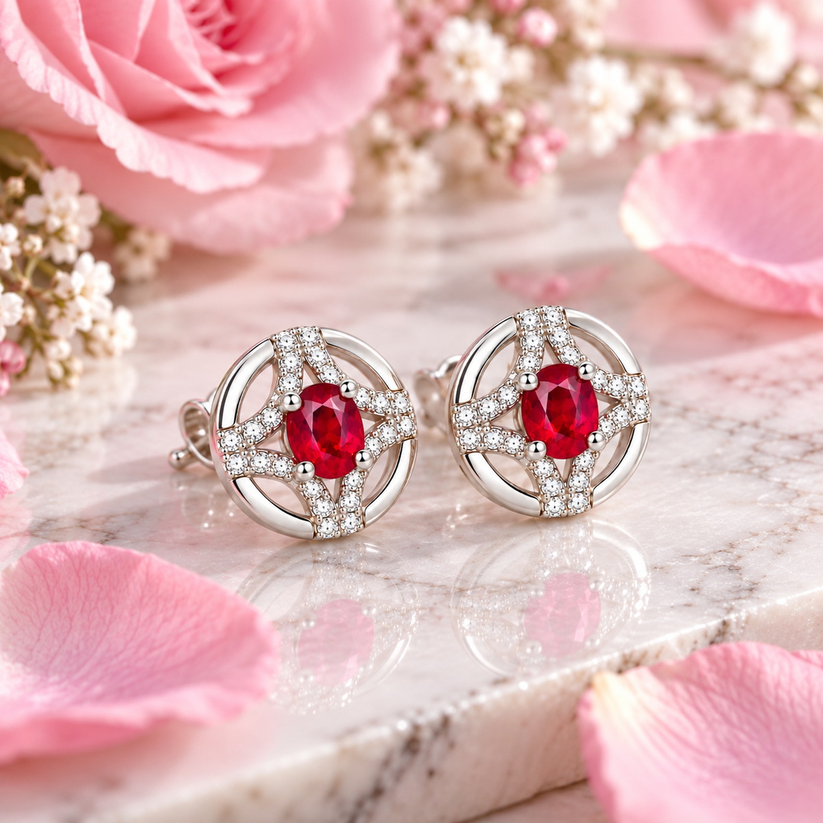 Phimsera natural ruby stud earrings styled in an elegant jewelry lifestyle setting with soft decorative details, marble texture, and warm undertones.
