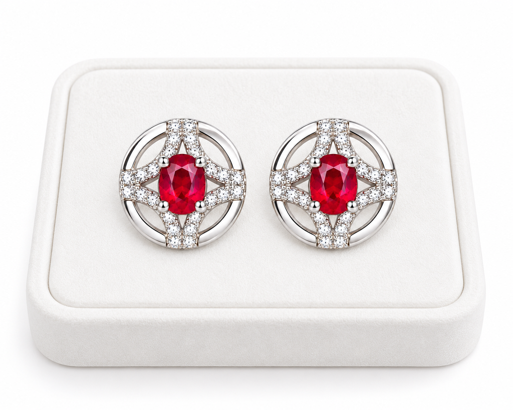 Phimsera 3 × 4mm natural ruby stud earrings displayed on a white velvet jewelry tray against a clean white background.
