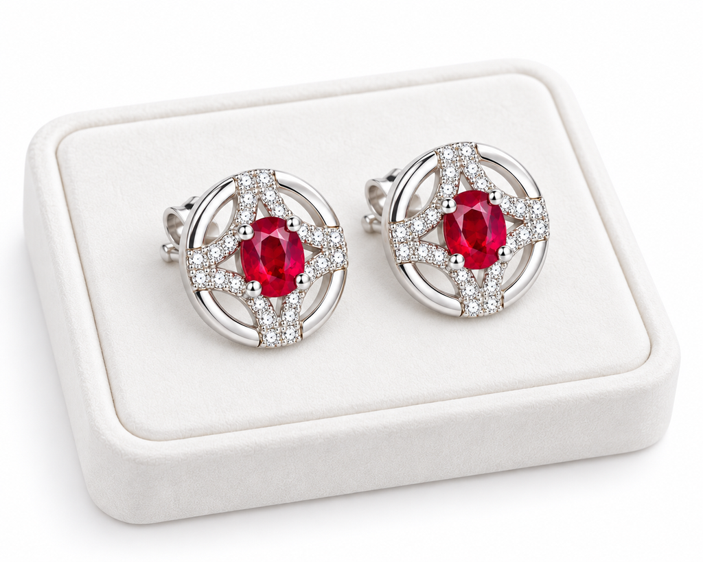 Phimsera 3 × 4mm natural ruby stud earrings displayed on a white velvet jewelry tray against a clean white background.