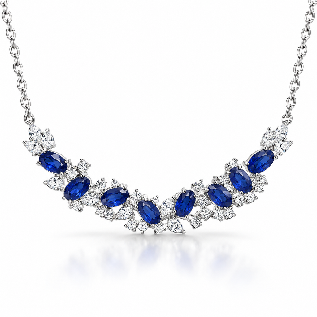 3x5mm natural sapphire necklace with blue gemstones and cubic zirconia in 925 sterling silver