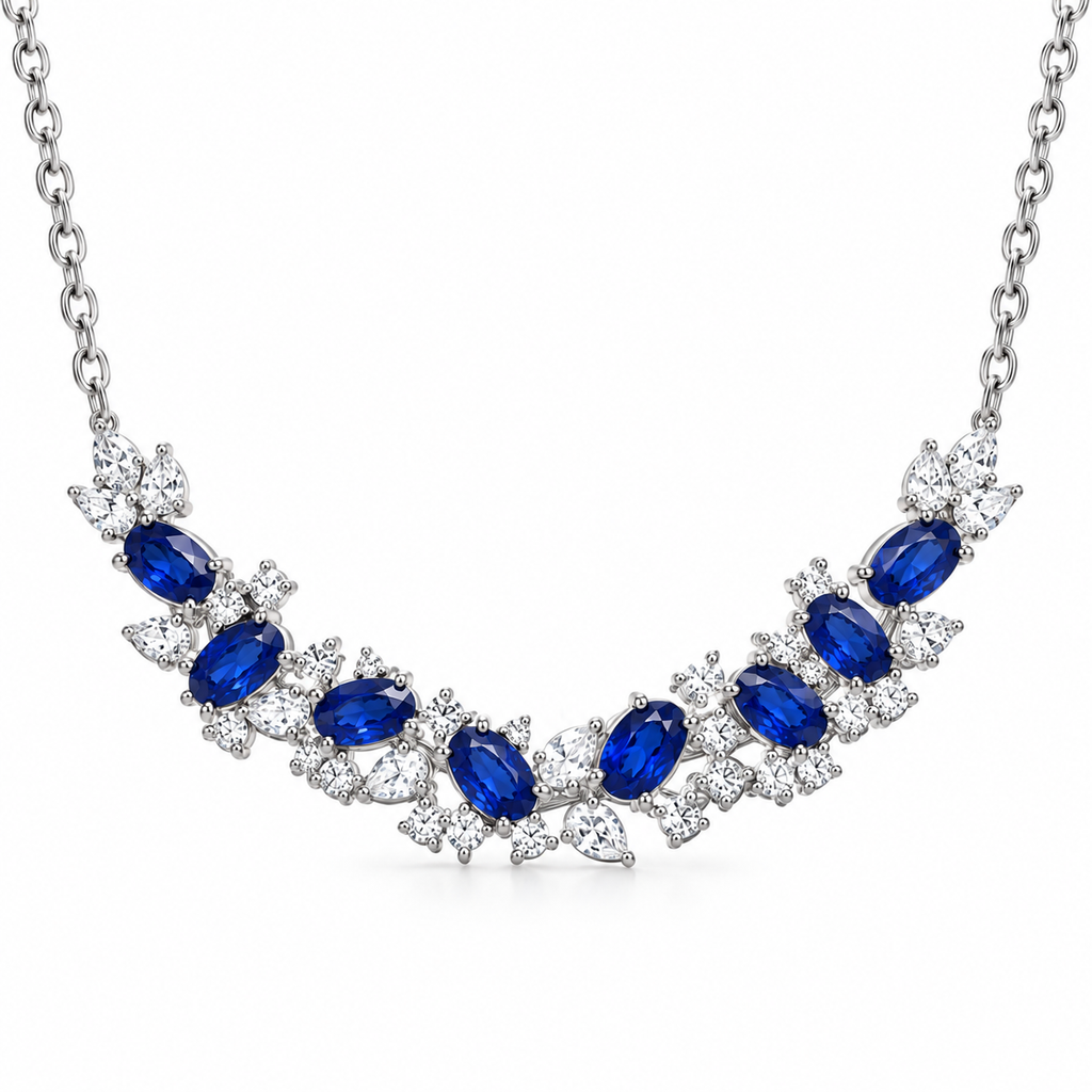 Angled 3x5mm natural sapphire necklace with blue gemstones and sparkling cubic zirconia
