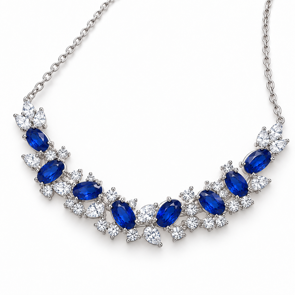 Top view of 3x5mm natural sapphire necklace with floral-inspired cubic zirconia setting