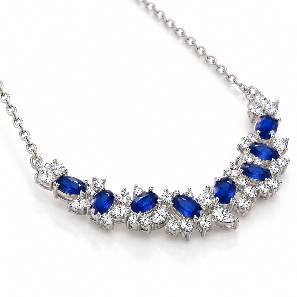 Side angle of 3x5mm natural sapphire necklace showing detailed silver and gemstone setting